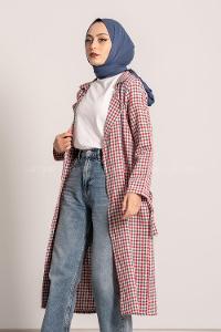 Modalamelif Ekose Desenli Kışak Bağlamalı Cep Detaylı Hırka Kırmızı