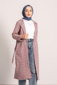 Modalamelif Ekose Desenli Kışak Bağlamalı Cep Detaylı Hırka Kırmızı