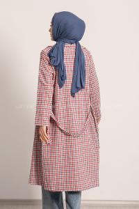 Modalamelif Ekose Desenli Kışak Bağlamalı Cep Detaylı Hırka Kırmızı