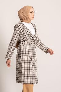 Modalamelif Ekose Desenli Kışak Bağlamalı Cep Detaylı Hırka Siyah-Bej