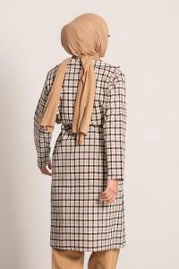 Modalamelif Ekose Desenli Kışak Bağlamalı Cep Detaylı Hırka Siyah-Bej