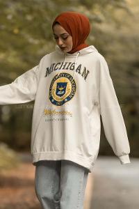 Modalamelif Mıchıgan Yazı Baskılı Kapüşonlu Sweat Beyaz