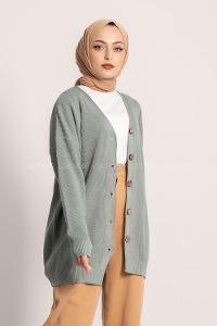 Modalamelif Önü Düğme Detaylı Düz Hırka Çağla Yeşili