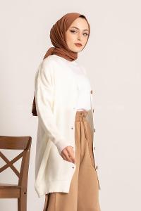 Modalamelif Önü Düğme Detaylı Düz Hırka Ekru