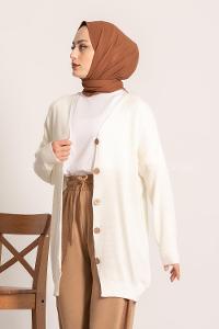 Modalamelif Önü Düğme Detaylı Düz Hırka Ekru