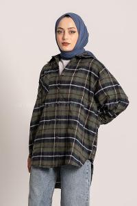 Modalamelif  Önü Düğme Detaylı Tek Cepli Ekose Gömlek Haki