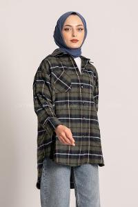 Modalamelif  Önü Düğme Detaylı Tek Cepli Ekose Gömlek Haki