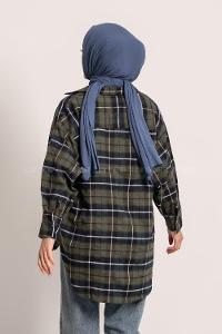 Modalamelif  Önü Düğme Detaylı Tek Cepli Ekose Gömlek Haki