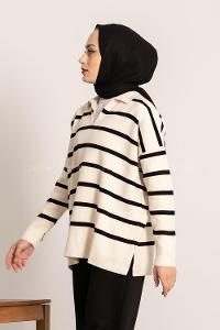 Modalamelif Polo Yaka Yırtmaç Detaylı Çizgi Desenli Kazak Ekru-Siyah