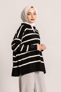 Modalamelif Polo Yaka Yırtmaç Detaylı Çizgi Desenli Kazak Siyah