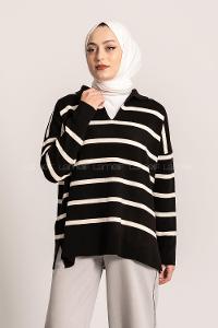 Modalamelif Polo Yaka Yırtmaç Detaylı Çizgi Desenli Kazak Siyah