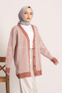 Modalamelif V Yaka Önü Düğmeli Şerit Desenli Hırka Gül