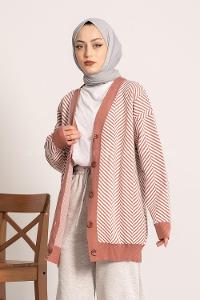 Modalamelif V Yaka Önü Düğmeli Şerit Desenli Hırka Gül