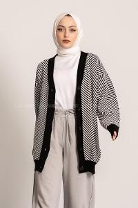 Modalamelif V Yaka Önü Düğmeli Şerit Desenli Hırka Siyah