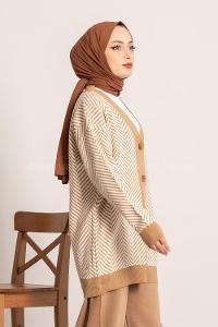 Modalamelif V Yaka Önü Düğmeli Şerit Desenli Hırka Sütlükahve