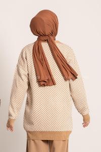 Modalamelif V Yaka Önü Düğmeli Şerit Desenli Hırka Sütlükahve