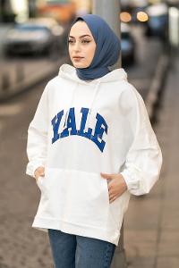 Modalamelif Yale Yazı Baskılı Kapüşon Detaylı Kanguru Cepli Sweat Ekru