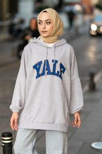 Modalamelif Yale Yazı Baskılı Kapüşon Detaylı Kanguru Cepli Sweat Gri