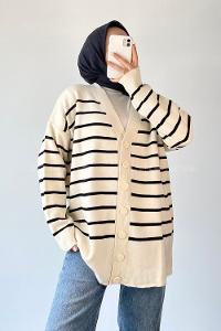 Modalamelif Çizgi Desenli Renk Garnili Basic Hırka Çağla Ekru