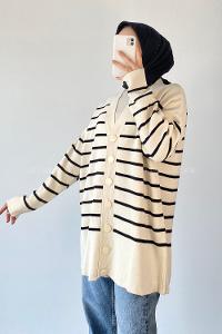 Modalamelif Çizgi Desenli Renk Garnili Basic Hırka Çağla Ekru