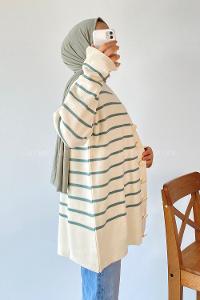 Modalamelif Çizgi Desenli Renk Garnili Basic Hırka Çağla Yeşili