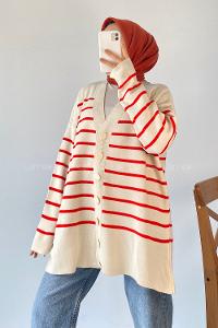 Modalamelif Çizgi Desenli Renk Garnili Basic Hırka Kırmızı