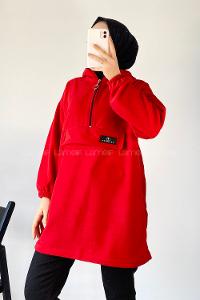 Modalamelif Kapüşon Detaylı Yarım Fermuar Detaylı Polar Armalı Sweat Kırmızı