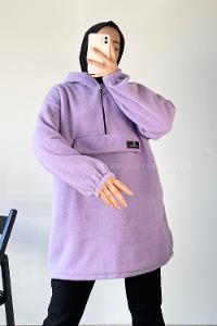 Modalamelif Kapüşon Detaylı Yarım Fermuar Detaylı Polar Armalı Sweat Lila