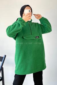 Modalamelif Kapüşon Detaylı Yarım Fermuar Detaylı Polar Armalı Sweat Yeşil