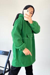 Modalamelif Kapüşon Detaylı Yarım Fermuar Detaylı Polar Armalı Sweat Yeşil