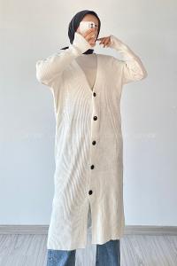 Modalamelif Önü Boydan Düğme Detaylı Fitilli Uzun Hırka Ekru