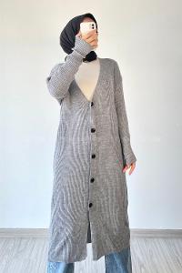 Modalamelif Önü Boydan Düğme Detaylı Fitilli Uzun Hırka Gri