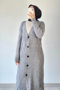 Modalamelif Önü Boydan Düğme Detaylı Fitilli Uzun Hırka Gri