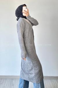 Modalamelif Önü Boydan Düğme Detaylı Fitilli Uzun Hırka Gri