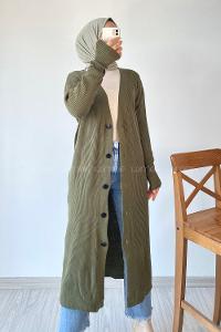 Modalamelif Önü Boydan Düğme Detaylı Fitilli Uzun Hırka Haki