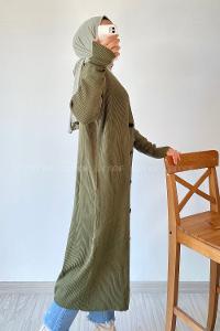 Modalamelif Önü Boydan Düğme Detaylı Fitilli Uzun Hırka Haki