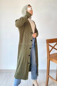 Modalamelif Önü Boydan Düğme Detaylı Fitilli Uzun Hırka Haki