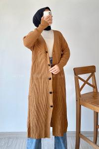 Modalamelif Önü Boydan Düğme Detaylı Fitilli Uzun Hırka Kahverengi