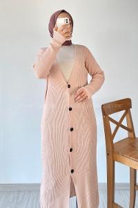 Modalamelif Önü Boydan Düğme Detaylı Fitilli Uzun Hırka Pudra
