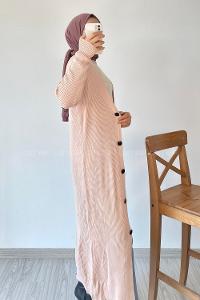Modalamelif Önü Boydan Düğme Detaylı Fitilli Uzun Hırka Pudra