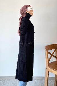 Modalamelif Önü Boydan Düğme Detaylı Fitilli Uzun Hırka Siyah