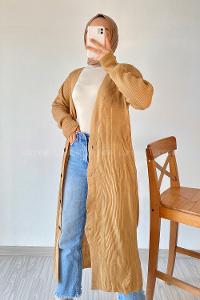 Modalamelif Önü Boydan Düğme Detaylı Fitilli Uzun Hırka Sütlükahve