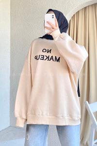 Modalamelif Bisiklet Yaka Yazı Nakışlı Oversize Sweat Krem