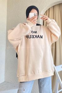 Modalamelif Bisiklet Yaka Yazı Nakışlı Oversize Sweat Krem