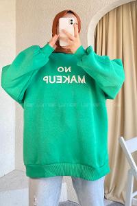 Modalamelif Bisiklet Yaka Yazı Nakışlı Oversize Sweat Yeşil