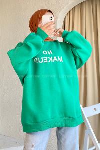 Modalamelif Bisiklet Yaka Yazı Nakışlı Oversize Sweat Yeşil