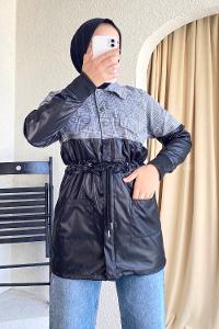 Modalamelif Gömlek Garnili Beli Tünelli Çift Cepli Ceket Ekru-Siyah