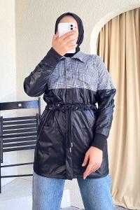 Modalamelif Gömlek Garnili Beli Tünelli Çift Cepli Ceket Ekru-Siyah