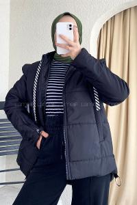 Modalamelif Kapüşon Detaylı Kol Fermuar Detaylı Yelek Mont Siyah