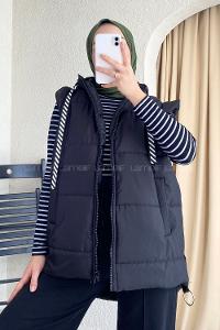 Modalamelif Kapüşon Detaylı Kol Fermuar Detaylı Yelek Mont Siyah